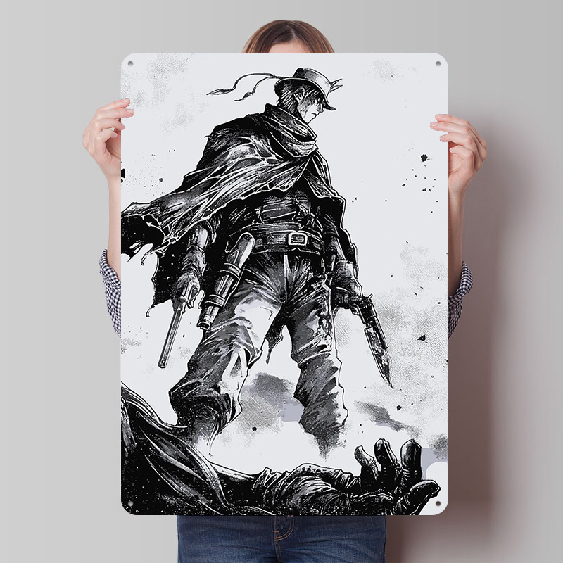 Retro Gaming Gun - Silahlı ve Bıçaklı Kovboy Metal Poster